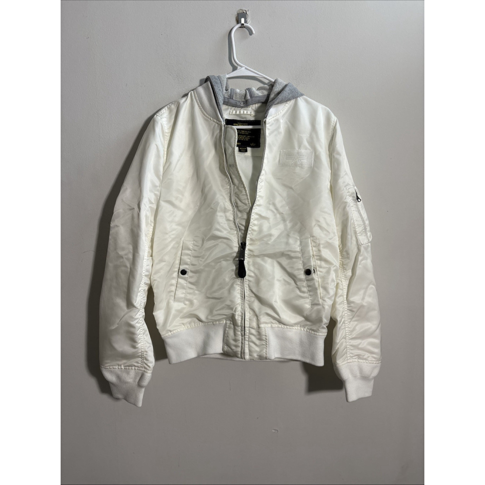 GUC MEN’S ALPHA INDUSTRIES BOMBER JACKET ZIP UP SIZE MEDIUM M WHITE NYLON
